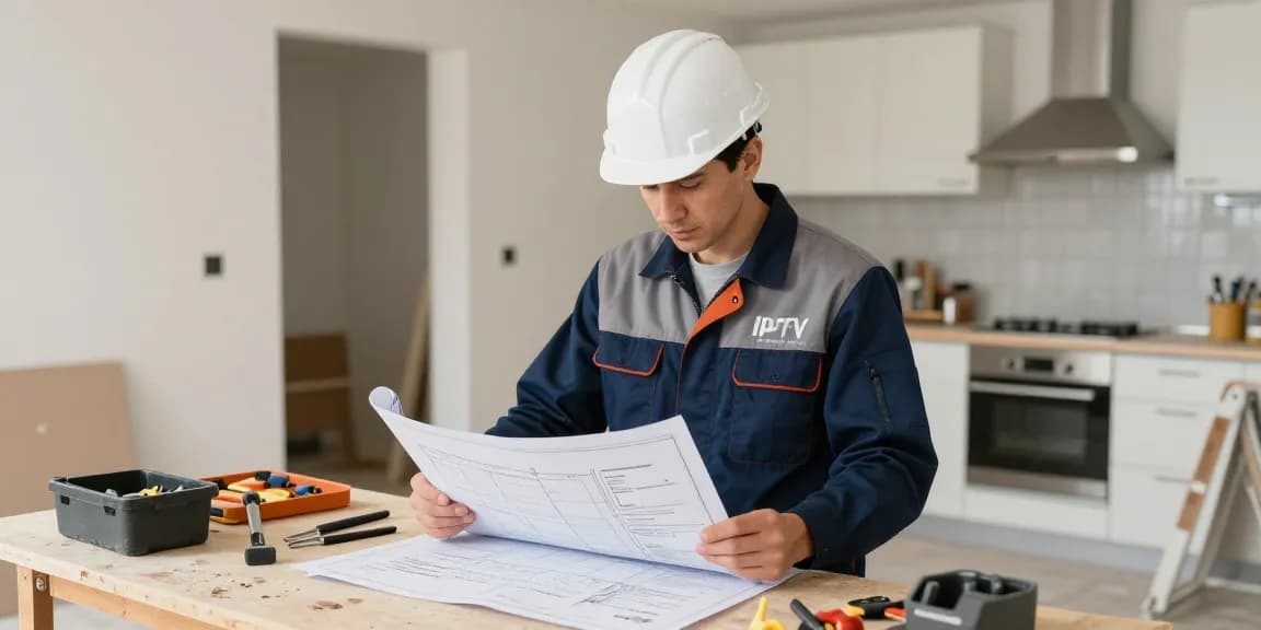 Local IPTV services provider, trusted professional contractor reviewing plans in a modern home.