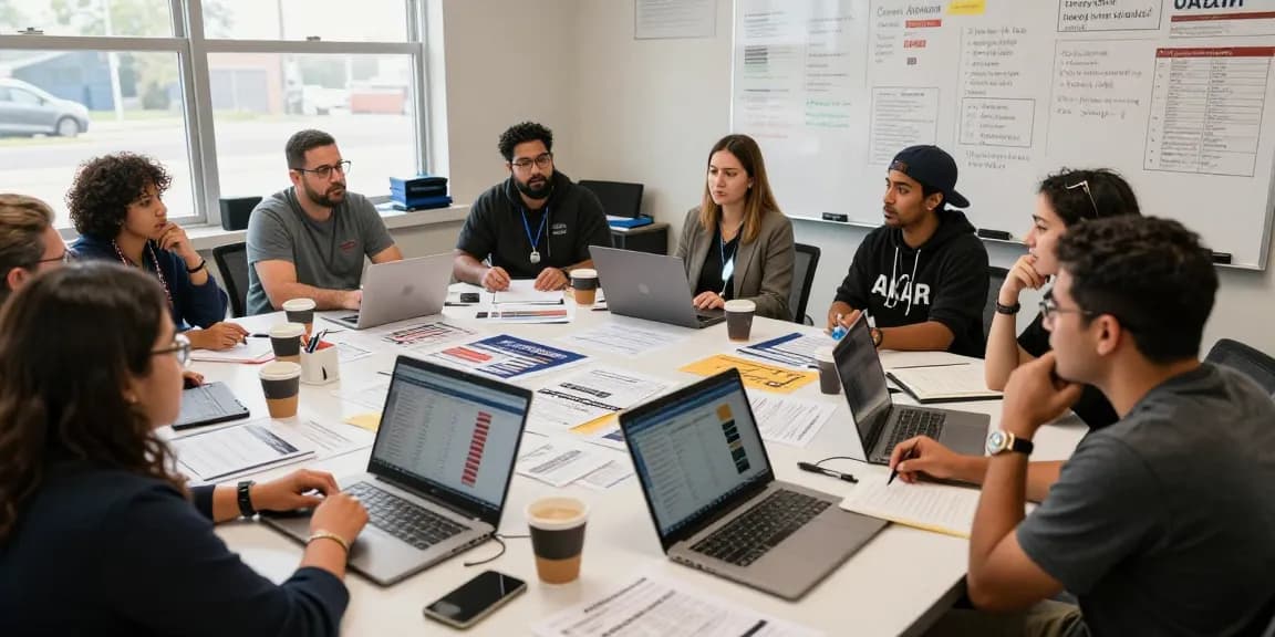 Casey Askar's campaign team collaborating on strategies in a vibrant office.