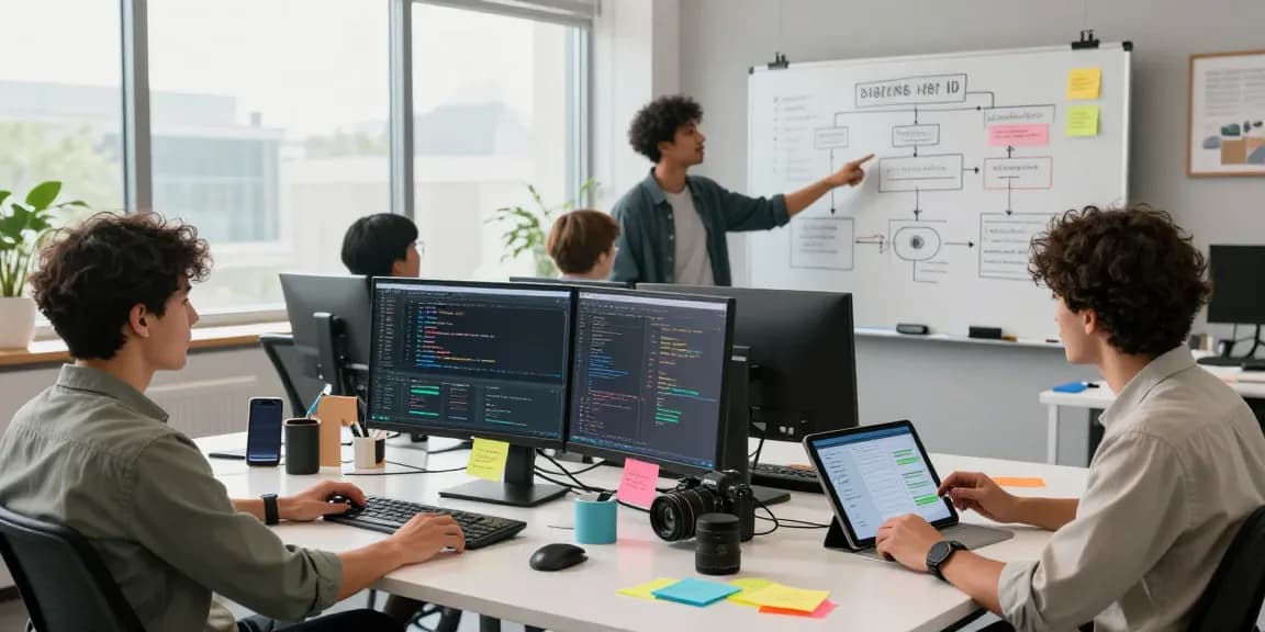 Collaboration scene showcasing tech professionals discussing AI tools 2026 in a modern office.