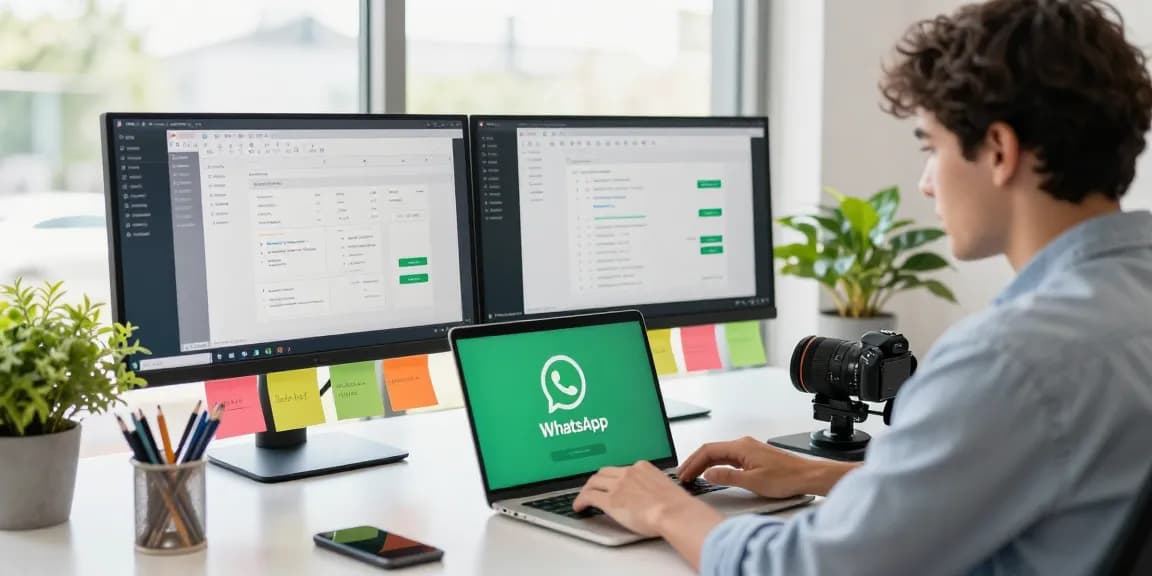 Person downloading WhatsApp下載 on a laptop in a modern tech workspace with dual monitors.