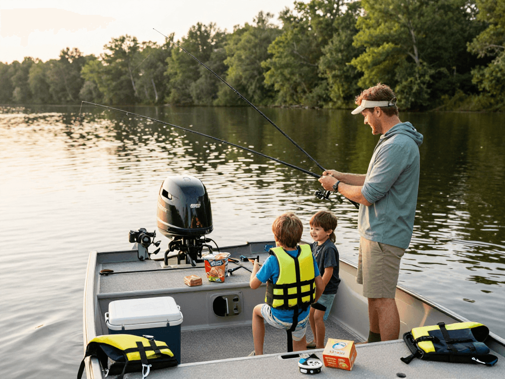 Family enjoying a day on the lake, buy outboard motor creating joyful fishing moments.