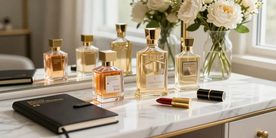 Best Perfumes for Women arranged elegantly on a marble vanity, featuring premium brands and floral accents.