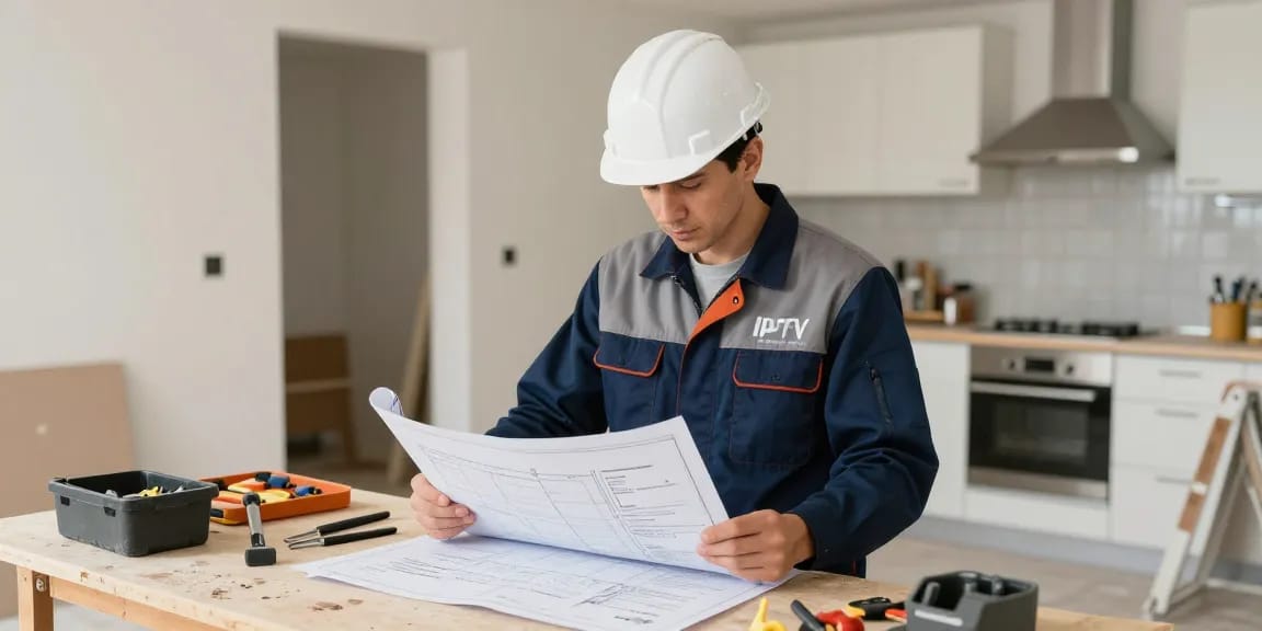Local IPTV services provider, trusted professional contractor reviewing plans in a modern home.
