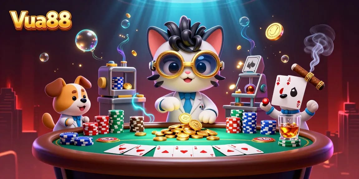 Vua88 offers thrilling poker experiences with vibrant 3D casino illustrations showcasing winning strategies.