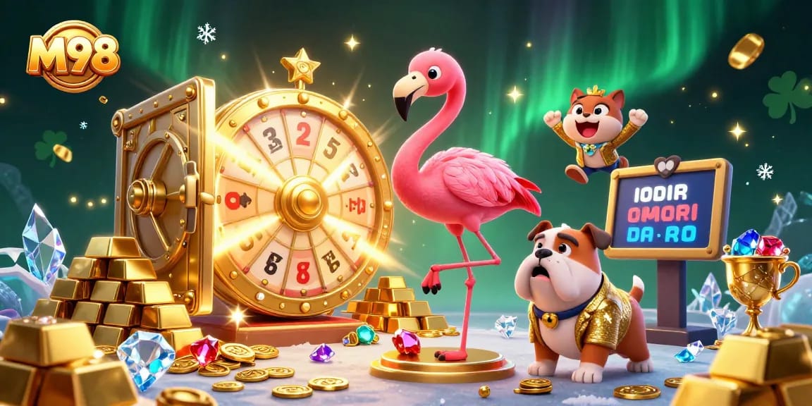 M98 offers a vibrant gaming experience, showcasing a 3D flamingo game show host with a prize wheel amidst sparkling gems and gold.