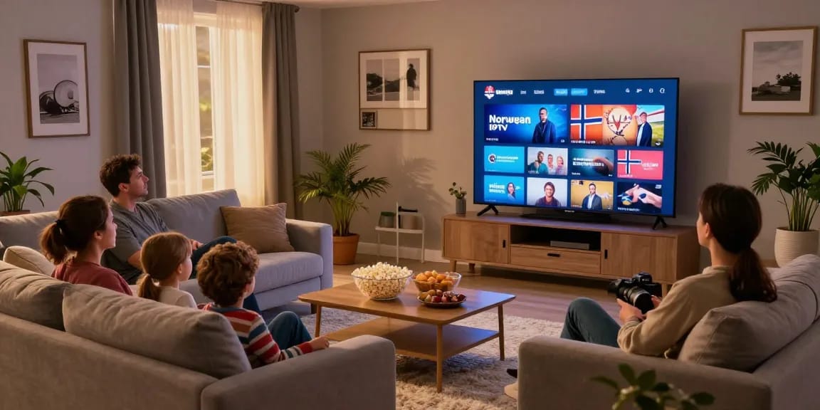 Family enjoying movie night with vibrant Norwegian IPTV streaming on the TV.