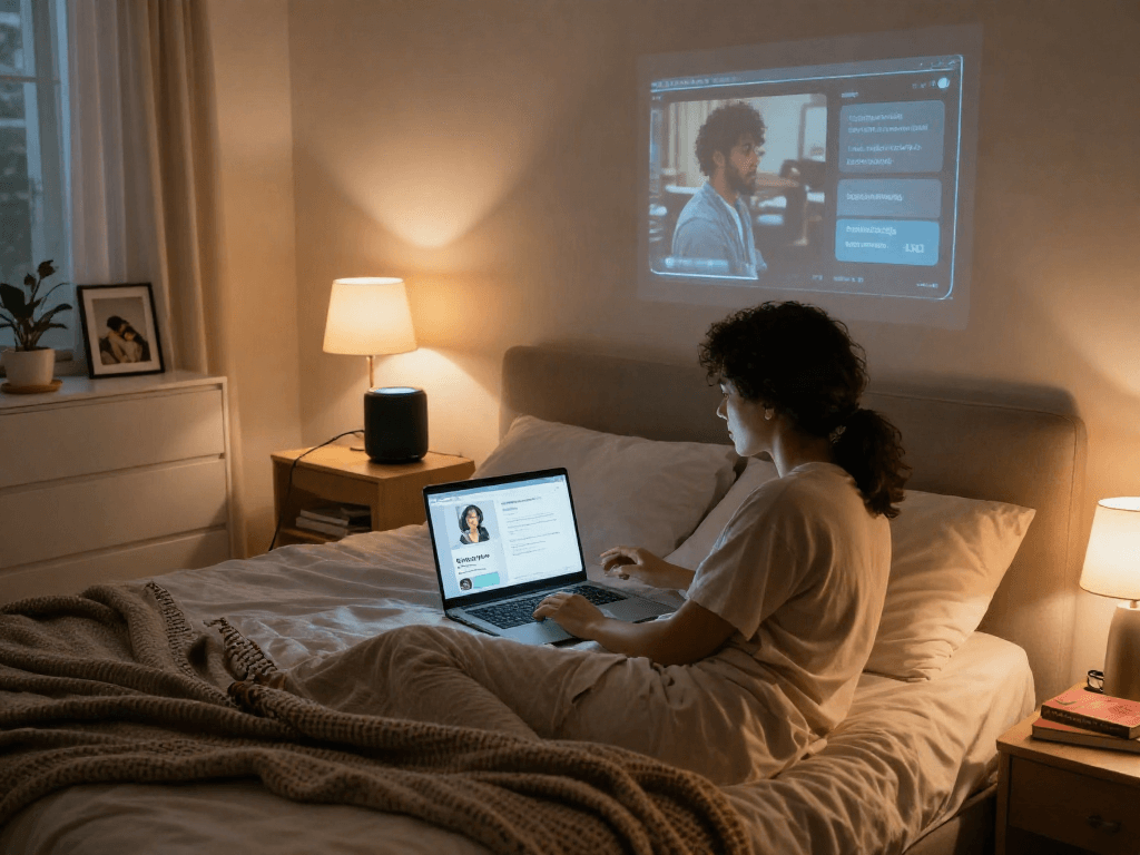 Couple exploring AI technology for enhancing personal relationships in a cozy bedroom.