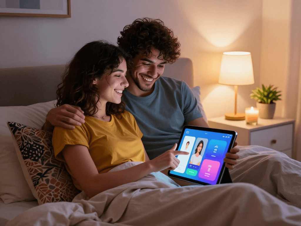 Couple exploring AI sex app in a modern, intimate bedroom setting, enhancing their relationship.