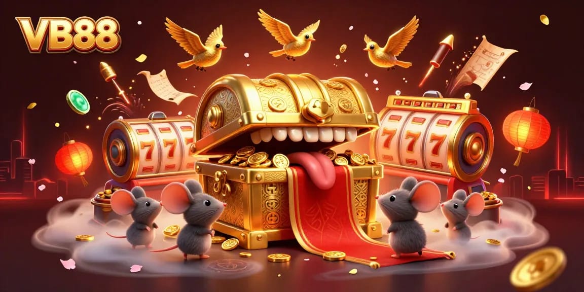 Experience the thrilling world of VB88 with dynamic 3D visuals of a treasure chest and engaging casino elements.