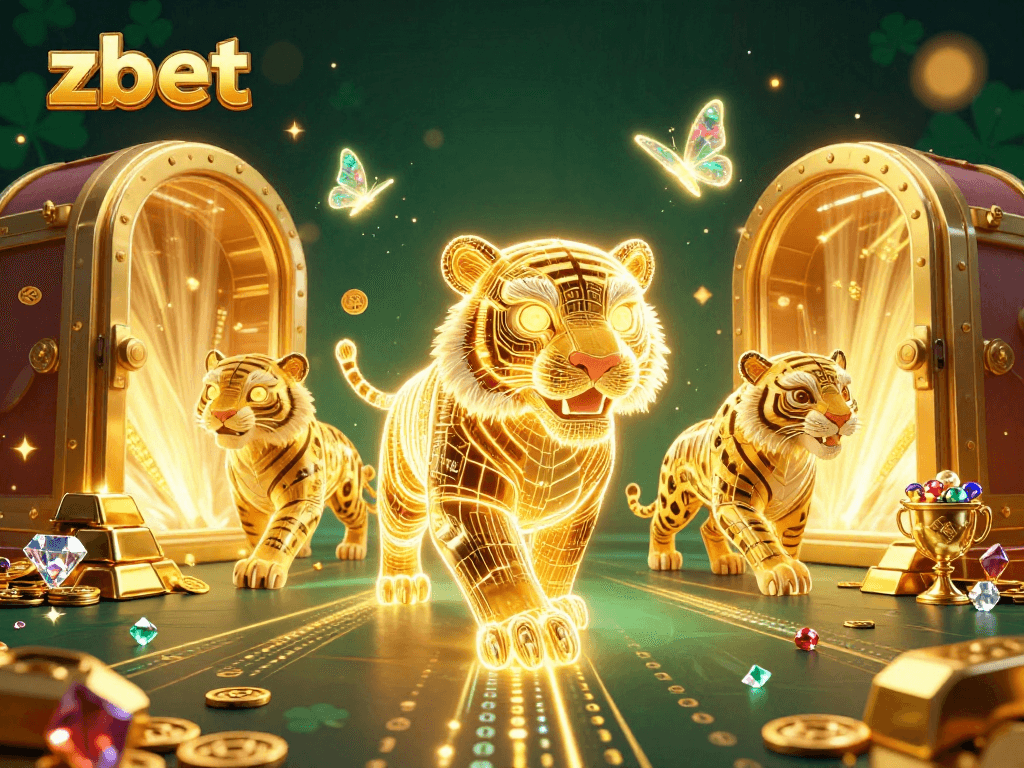 Engage in zbet's thrilling casino adventure with a radiant golden tiger in a dazzling digital landscape.