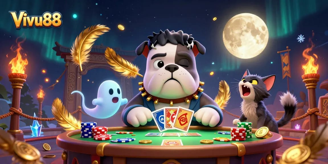 Experience thrilling card games at Vivu88 featuring a cartoon bulldog dealer and festive casino elements.