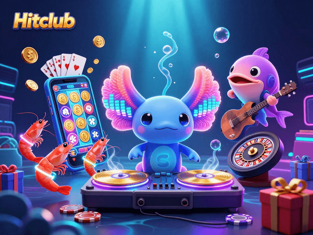 Hitclub players enjoy vibrant slot games alongside a neon axolotl DJ and lively shrimp dancers.