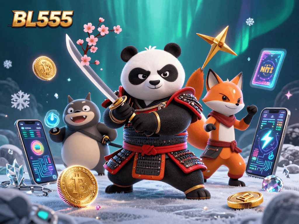 Participate in thrilling games at BL555, featuring samurai panda and ninja fox amidst vibrant casino elements.
