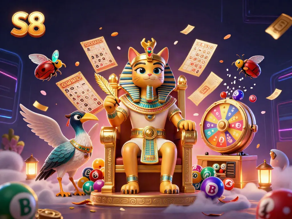 Engage with S8 in this vibrant casino-themed illustration featuring animated lottery elements.
