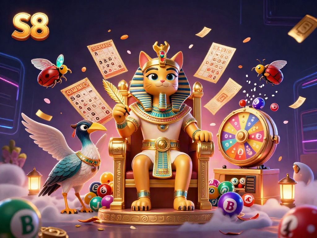 Engage with S8 in this vibrant casino-themed illustration featuring animated lottery elements.