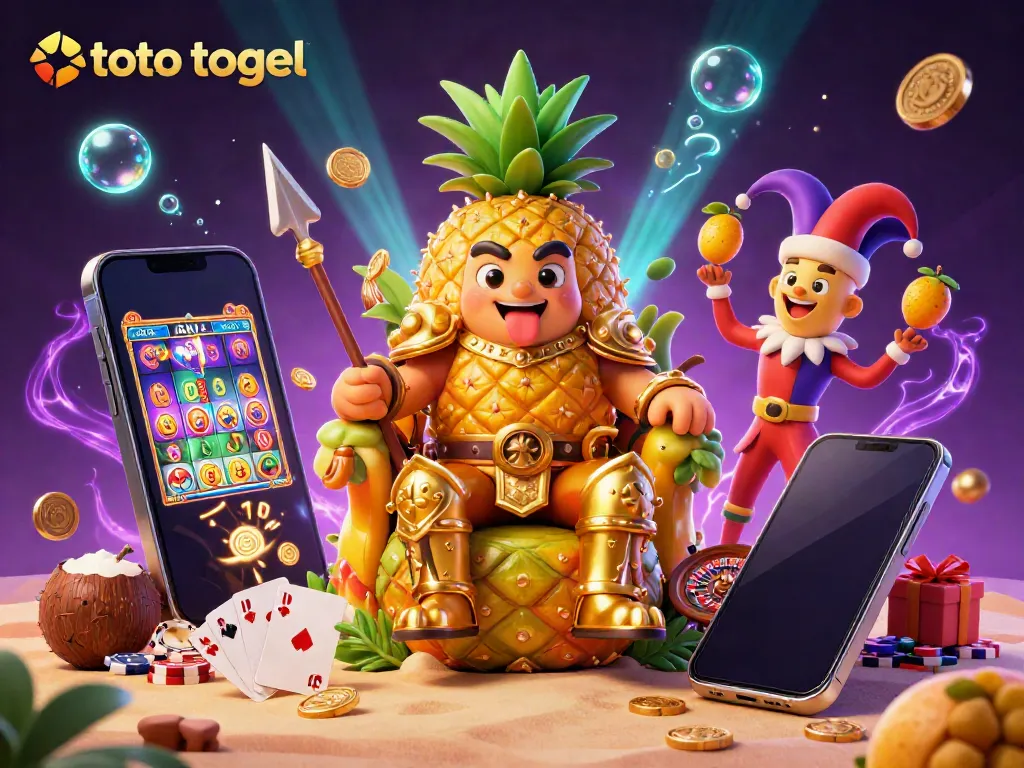 Engage in thrilling toto togel action with a visually rich casino scene featuring a golden pineapple king and vibrant game elements.