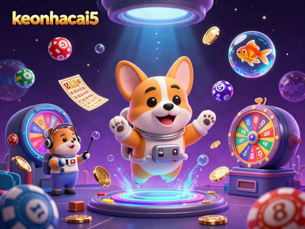 Join keonhacai5 in a colorful casino adventure featuring a floating corgi and a mission-control hamster.