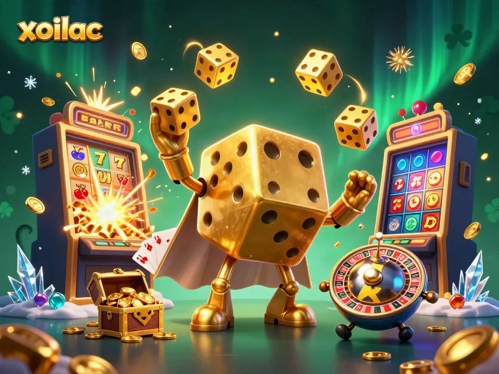 Watch the colorful action of xoilac with a dynamic scene of golden dice and casino elements exploding in joyful celebration.
