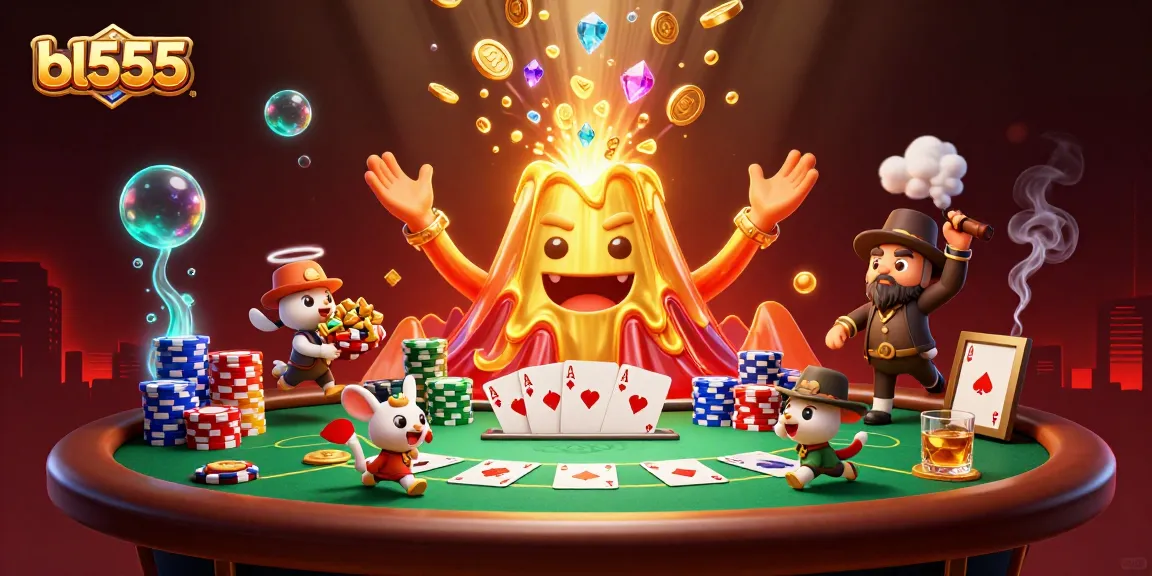 Experience the excitement of bl555 casino with a golden volcano erupting coins and gems amidst poker action.