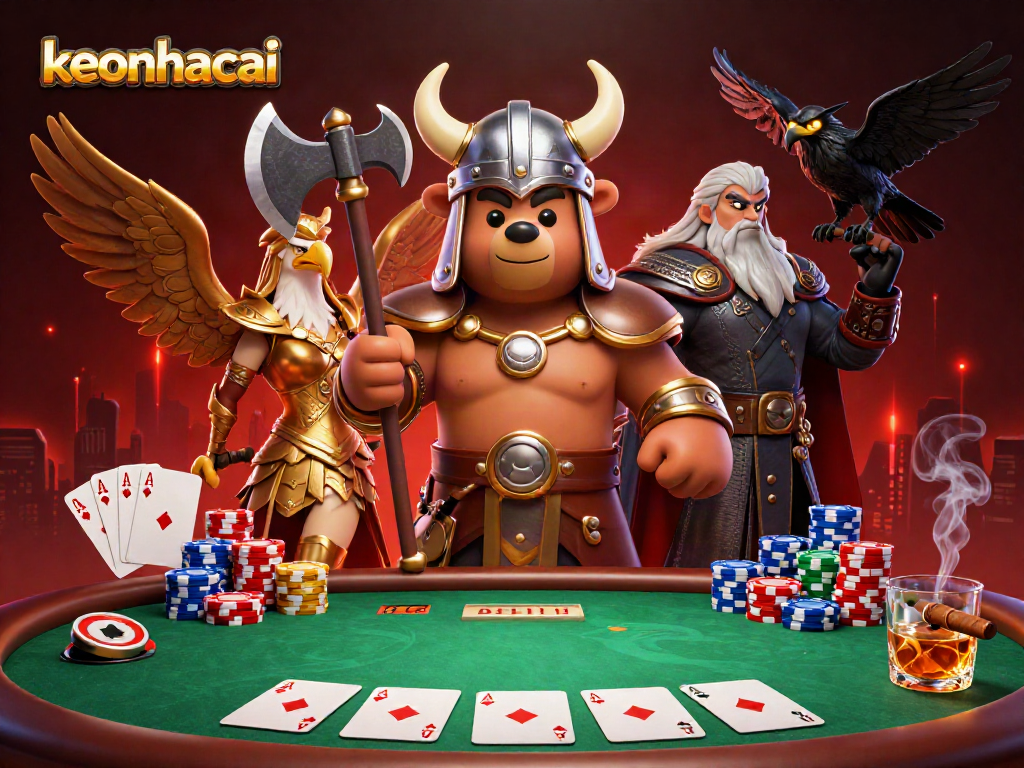 Engage in thrilling poker gameplay at keonhacai with Viking and Valkyrie characters symbolizing adventure.