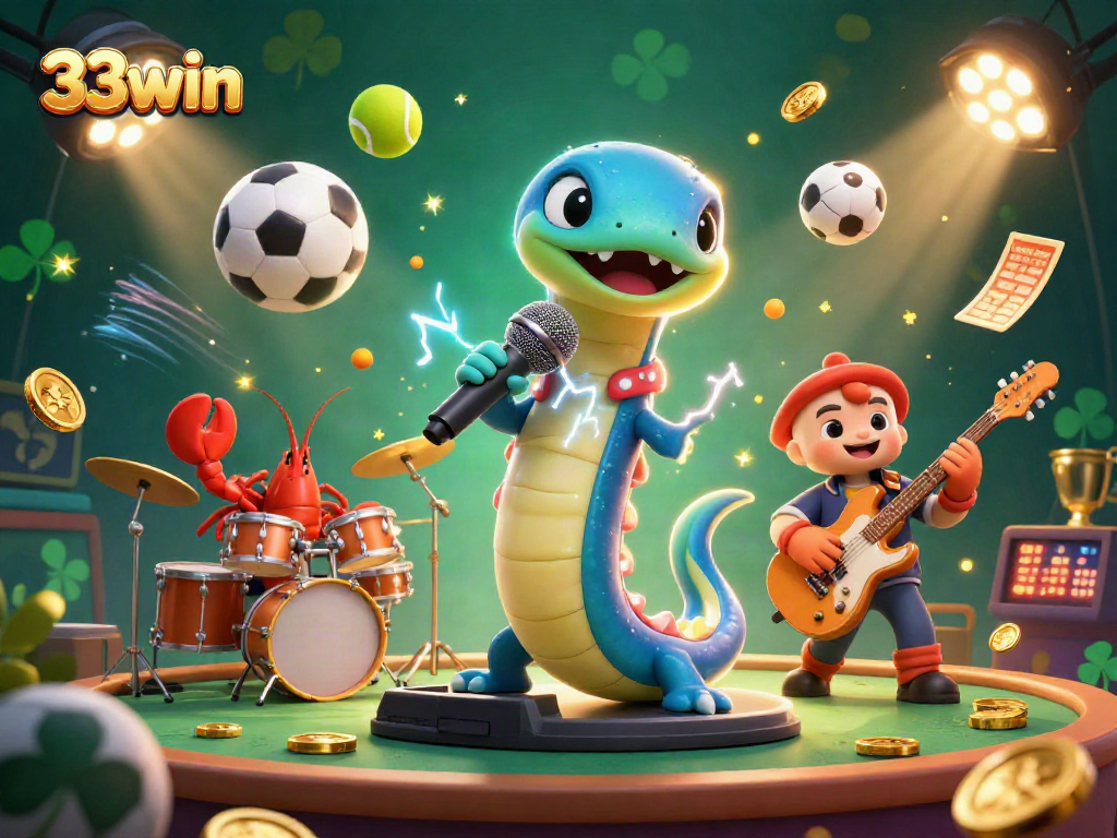 33win showcases an electric eel DJ performing at an underwater casino, with dynamic sports elements around.