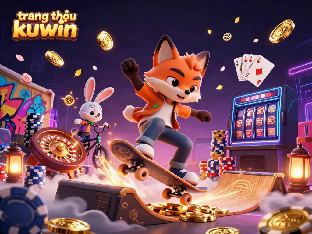 Experience the vibrant action at trang chủ kuwin with a skateboard fox and BMX rabbit in a thrilling casino scene.