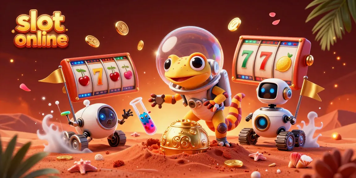 Spin to win with the Martian gecko in a lively casino scene for slot online adventures.