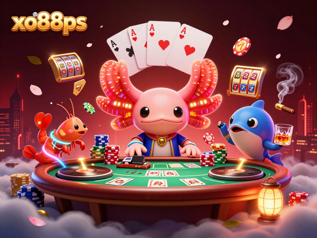 Experience the vibrant gaming atmosphere at xo88ps with a dynamic casino scene showcasing an axolotl DJ and poker excitement.