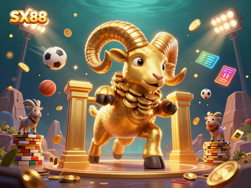 Experience excitement at SX88 with a golden ram charging through a vibrant casino scene packed with sports and gaming elements.