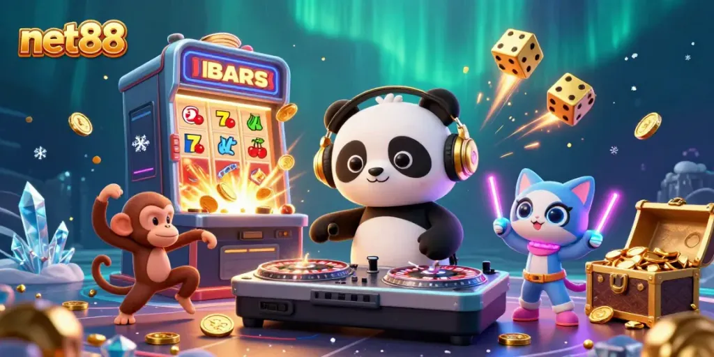 Engaging net88 illustration featuring DJ panda, breakdancing monkey, and glowing kitten amid a bursting slot machine.
