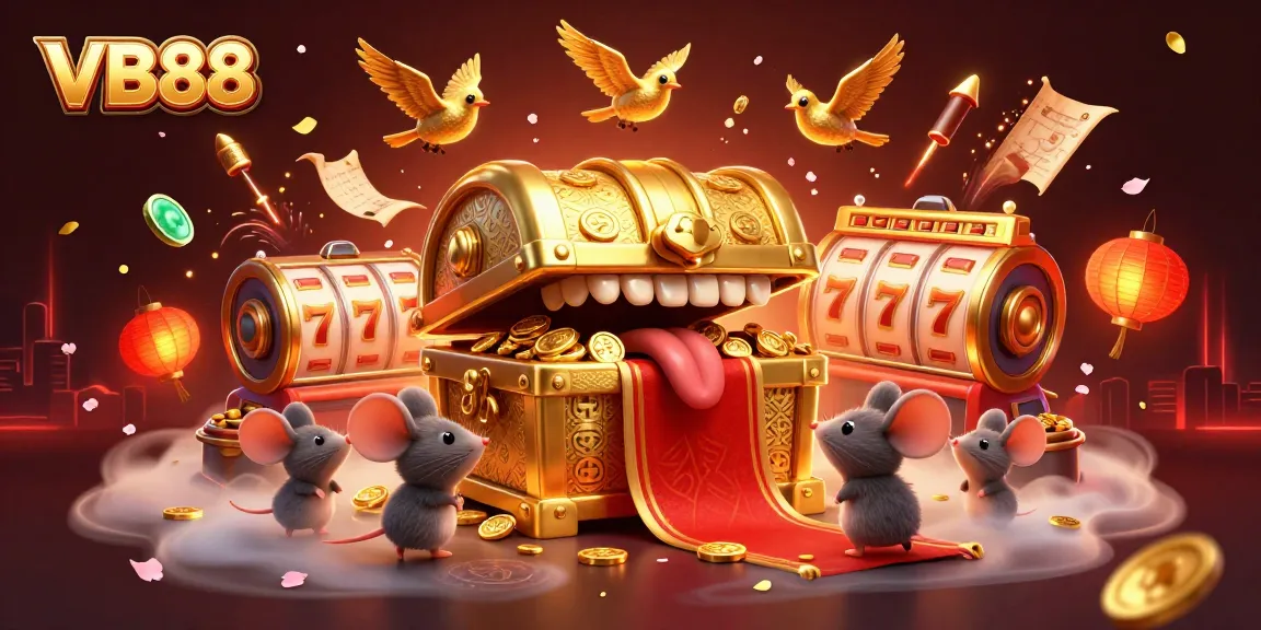 Experience the thrilling world of VB88 with dynamic 3D visuals of a treasure chest and engaging casino elements.