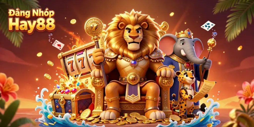 Experience the thrill of gambling while engaging with Đăng Nhập Hay88 in a vibrant casino-themed illustration.