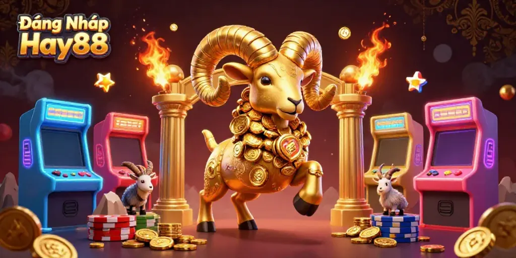 Experience Đăng Nhập Hay88 with a dynamic golden ram charging through a vibrant casino scene.