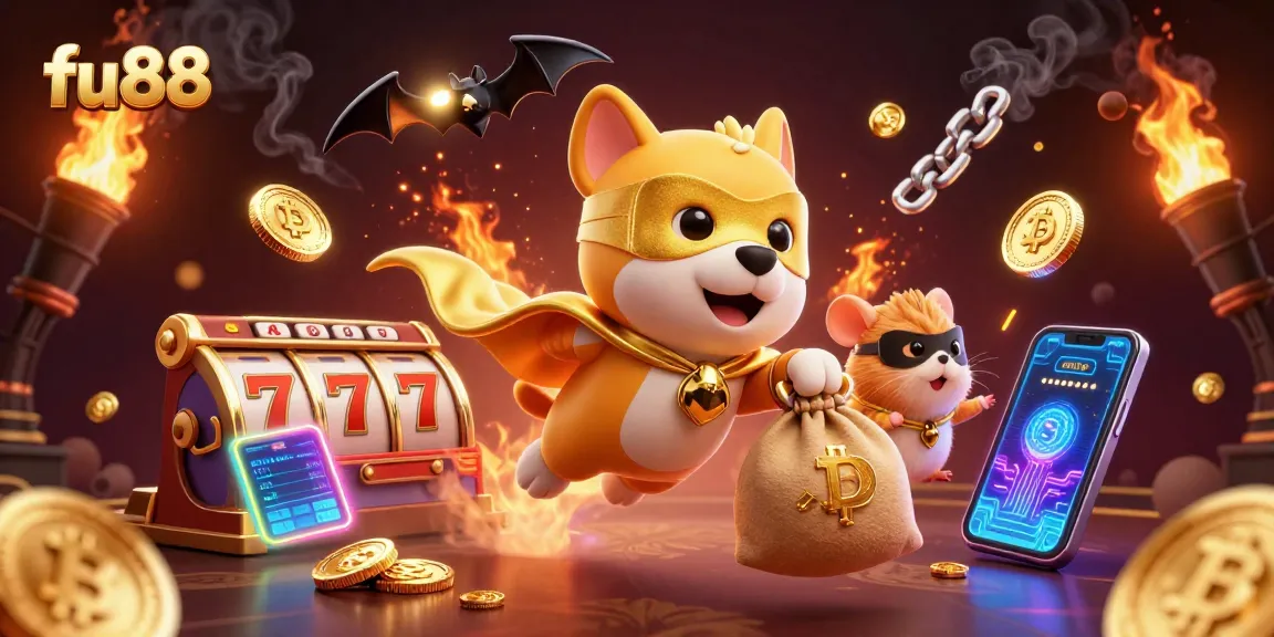 Experience excitement at fu88 with a cartoon superhero dog flying amidst playful slot reels and crypto coins.