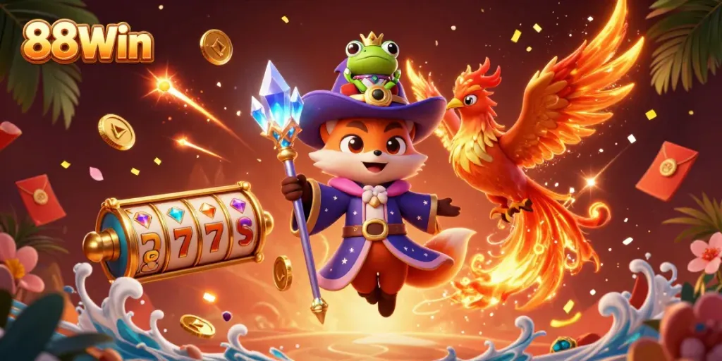 Experience the thrill of gaming with 88Win featuring a wizard fox, phoenix, and magical symbols in action.