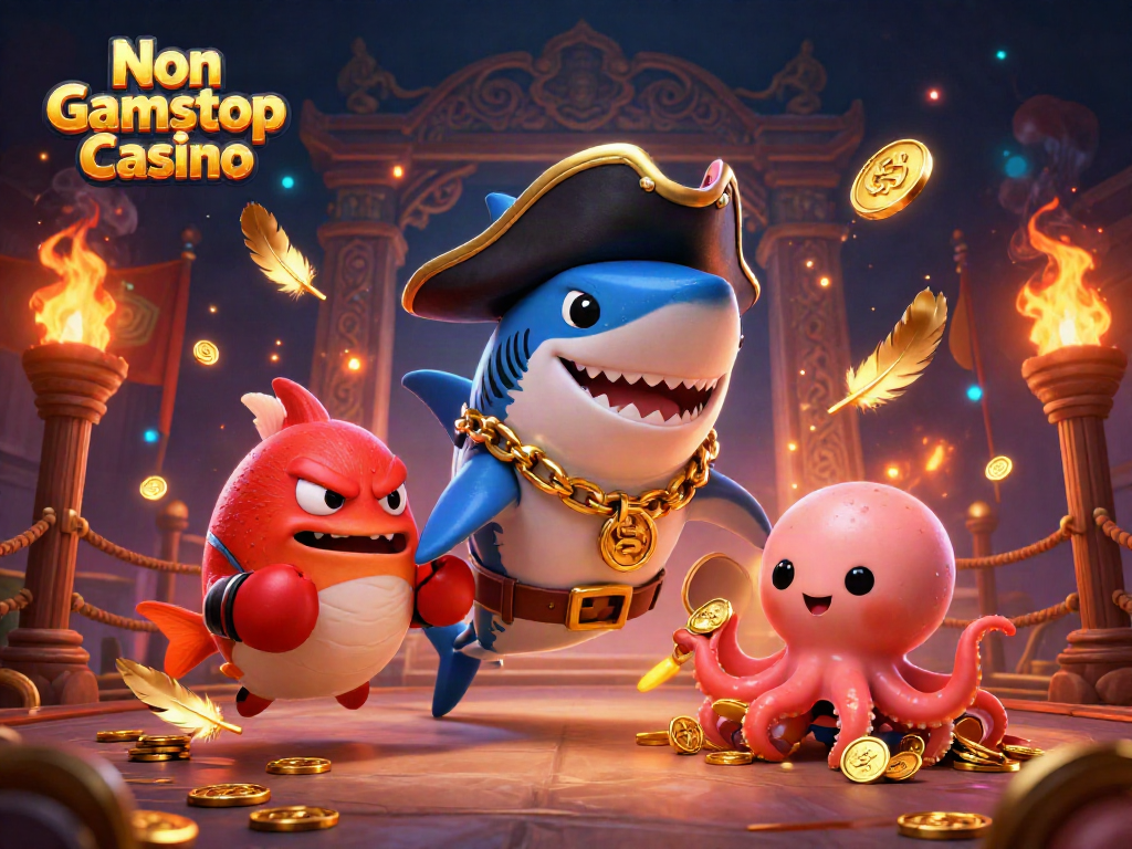 The Non Gamstop Casino scene showcases a pirate shark, a pufferfish, and an octopus in a vibrant casino atmosphere.