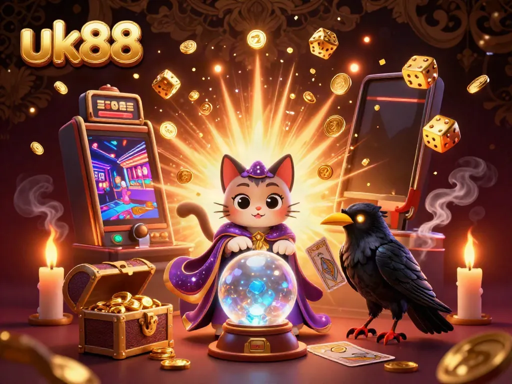 Experience the excitement of uk88 with a mystical scene featuring dancing flames, a fortune teller cat, and a jackpot explosion.
