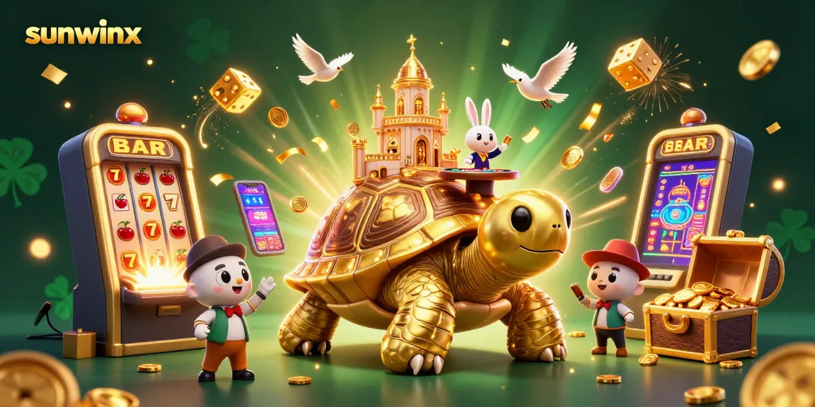 Experience the excitement at sunwinx with a golden tortoise casino and a rabbit dealer amidst coins and jackpots.