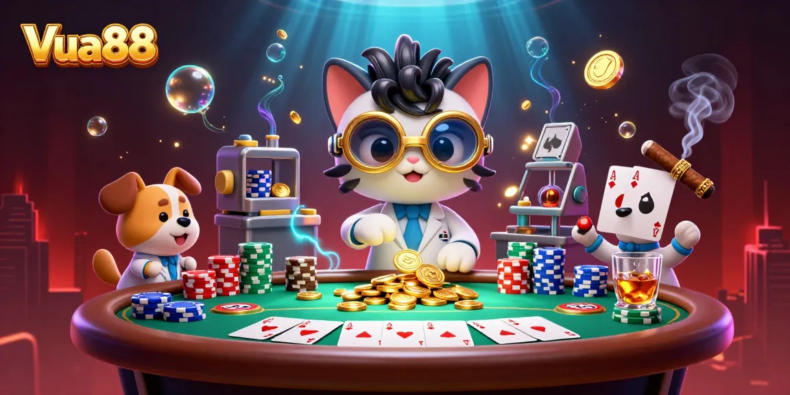 Vua88 offers thrilling poker experiences with vibrant 3D casino illustrations showcasing winning strategies.