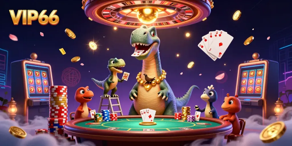 Experience VIP66 with brontosaurus and raptor in a vibrant casino setting rich with cards and coins.