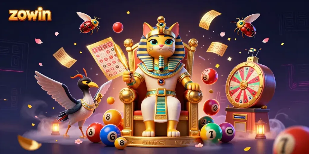 Experience the thrill of zowin gaming with a vibrant lottery scene featuring dynamic elements and characters.