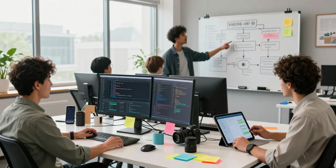 Collaboration scene showcasing tech professionals discussing AI tools 2026 in a modern office.