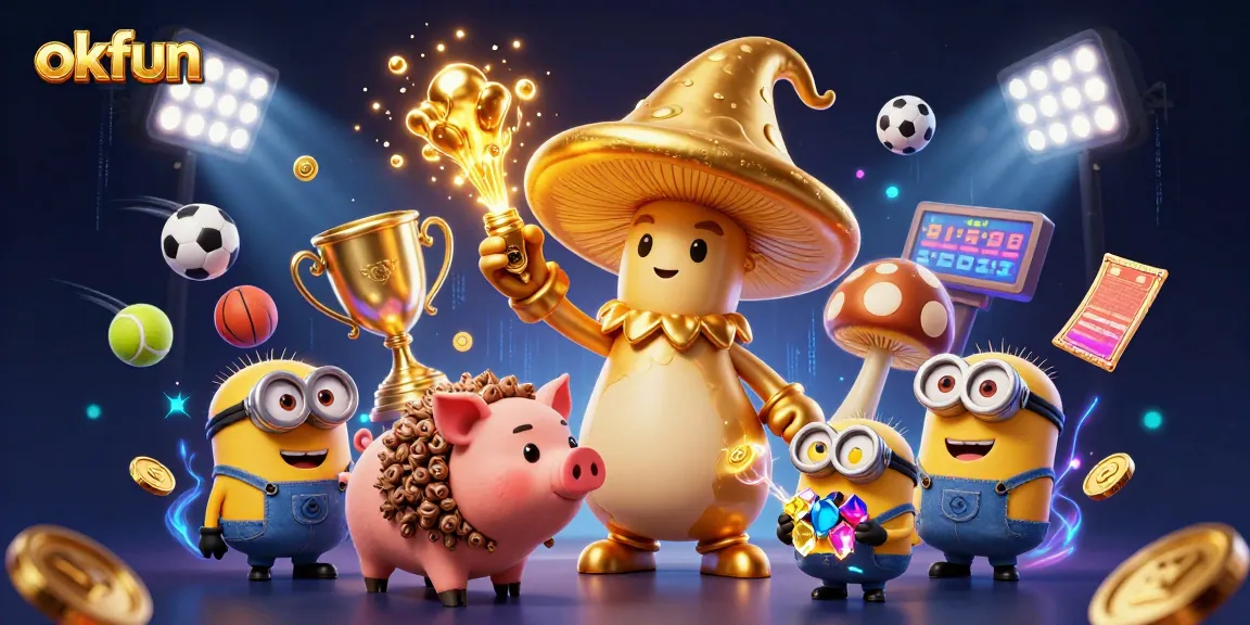 Experience the magic of okfun with a golden mushroom wizard and treasures in a dynamic casino scene.