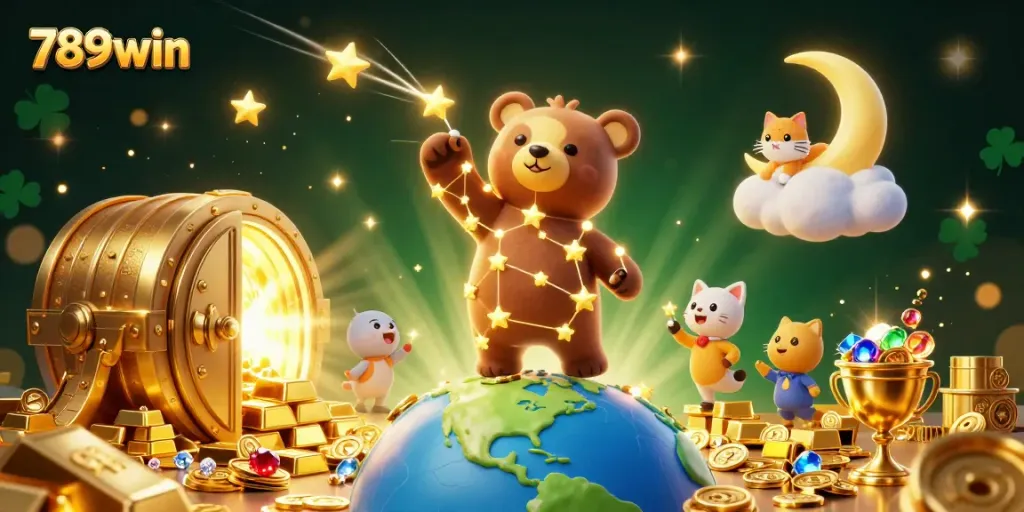 Experience the magic of 789win as a constellation bear scoops coins amidst a celestial casino scene full of treasures.