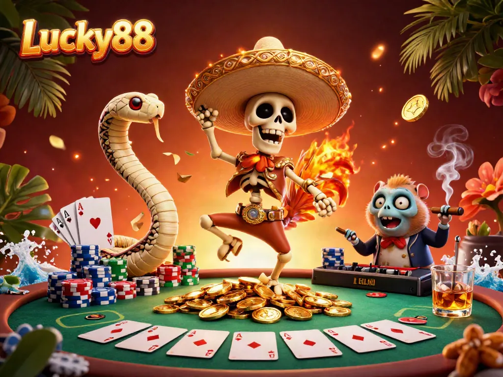 Experience thrilling wins with Lucky88 in a vibrant 3D casino scene featuring poker action and colorful characters.