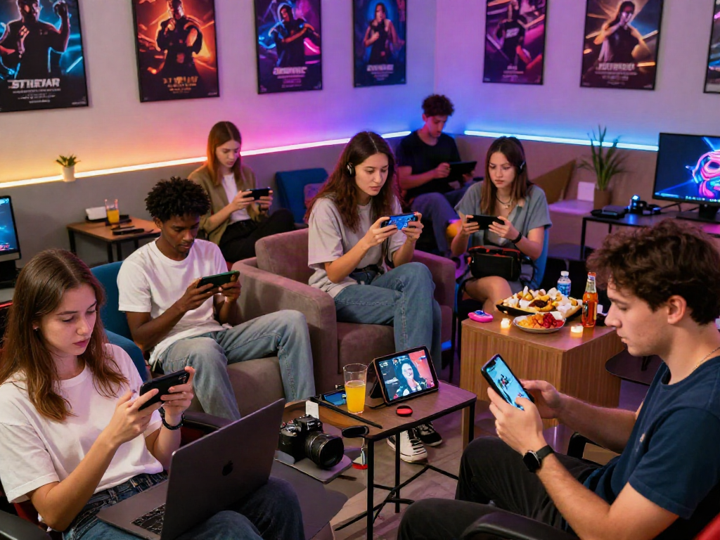 Mobile porn game enthusiasts engaged in a lively gaming lounge, showcasing diverse gamers using devices and enjoying their experience.
