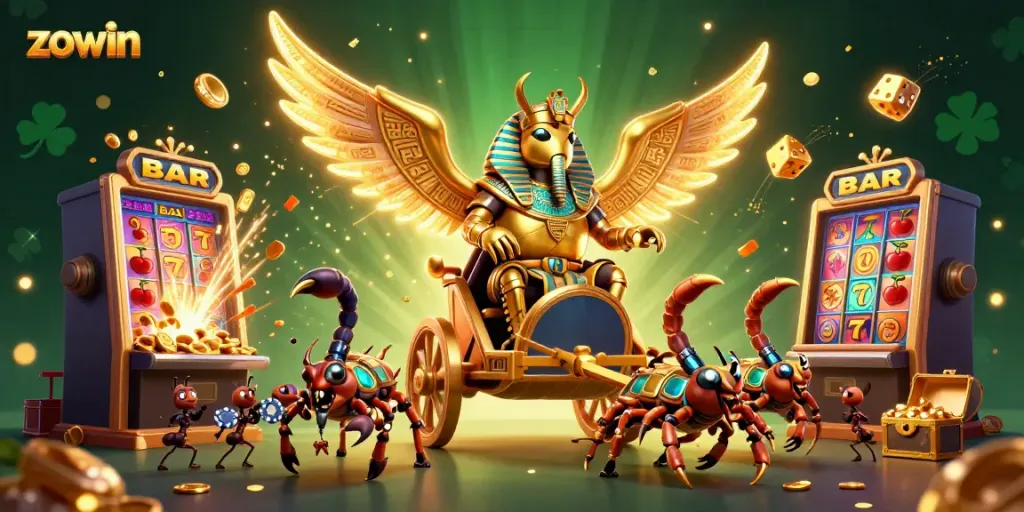 Zowin's thrilling casino adventure scene with gold coins, slot machines, and animated characters.