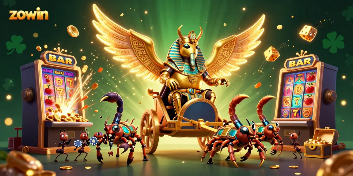 Zowin's thrilling casino adventure scene with gold coins, slot machines, and animated characters.