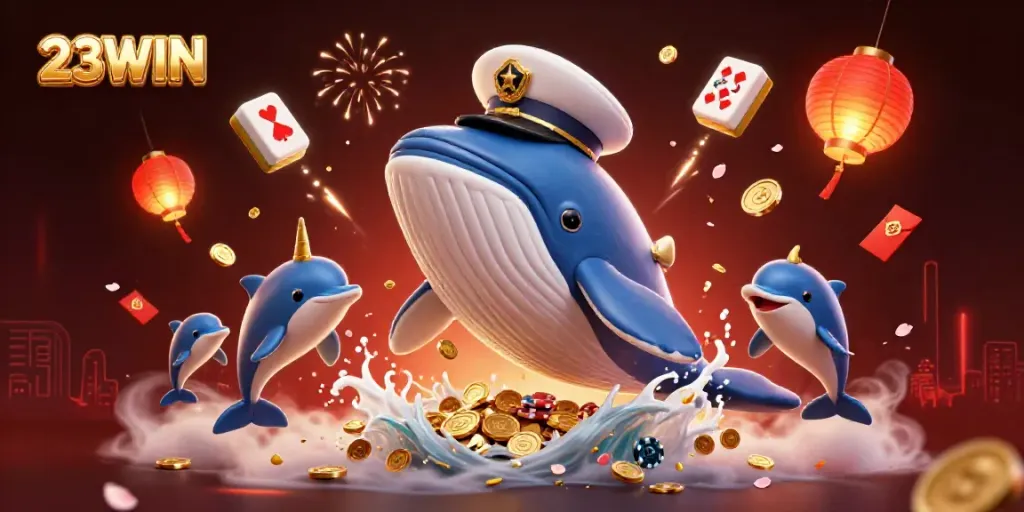 Experience excitement at 23WIN with a vibrant casino-themed underwater scene featuring playful dolphins and a whale.