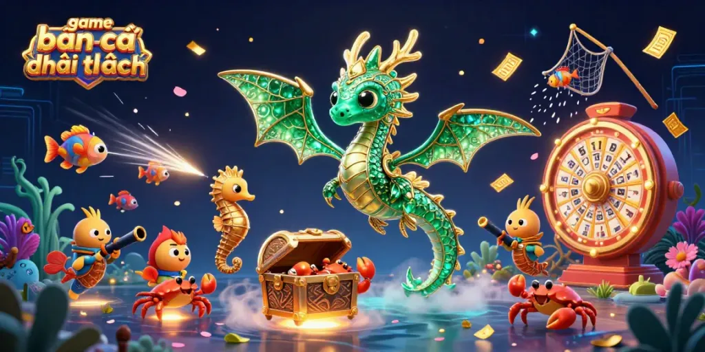 Enjoy game bắn cá đổi thưởng with an elegant sea dragon and dynamic underwater scenes to win treasures.